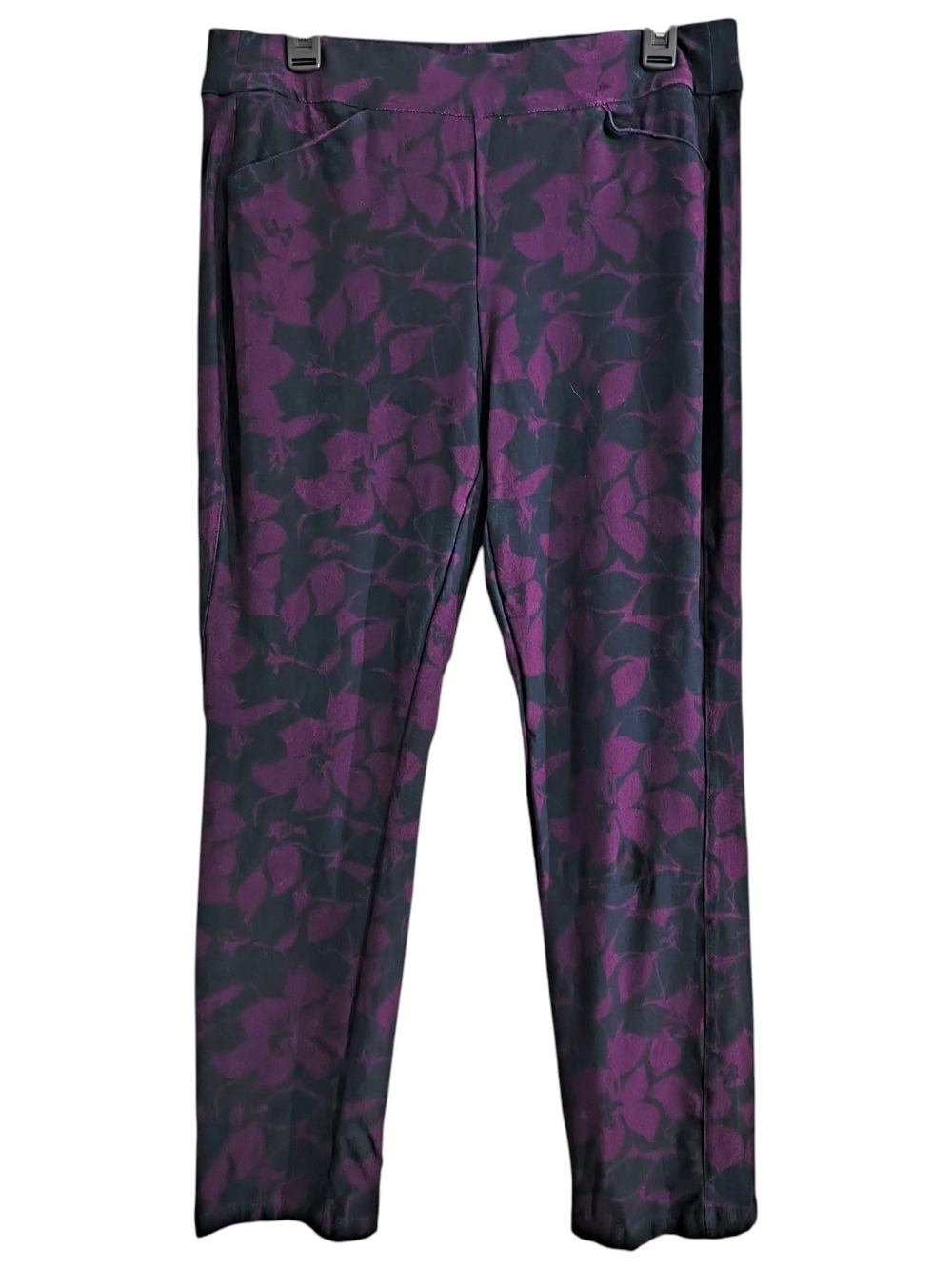 Chico's Travelers 1R Medium Purple & Navy Pull On Floral-Print Stretchy Pants
